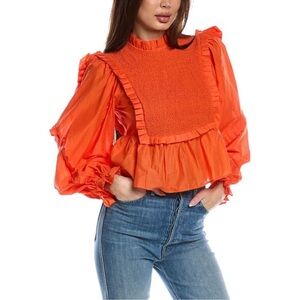 Farm Rio Orange Smocked Peplum Blouse Size Medium